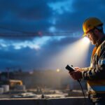 A photograph of a lighting contractor in action