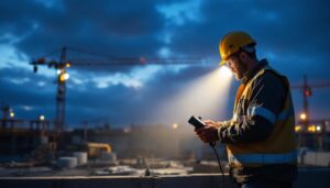 A photograph of a lighting contractor in action