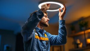 A photograph of a skilled lighting contractor expertly installing or adjusting a halo can light in a stylish interior setting