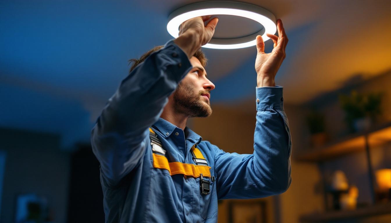 A photograph of a skilled lighting contractor expertly installing or adjusting a halo can light in a stylish interior setting