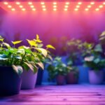 A photograph of a modern indoor gardening setup featuring vibrant plants illuminated by a high-quality led plant growth light