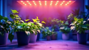 A photograph of a modern indoor gardening setup featuring vibrant plants illuminated by a high-quality led plant growth light