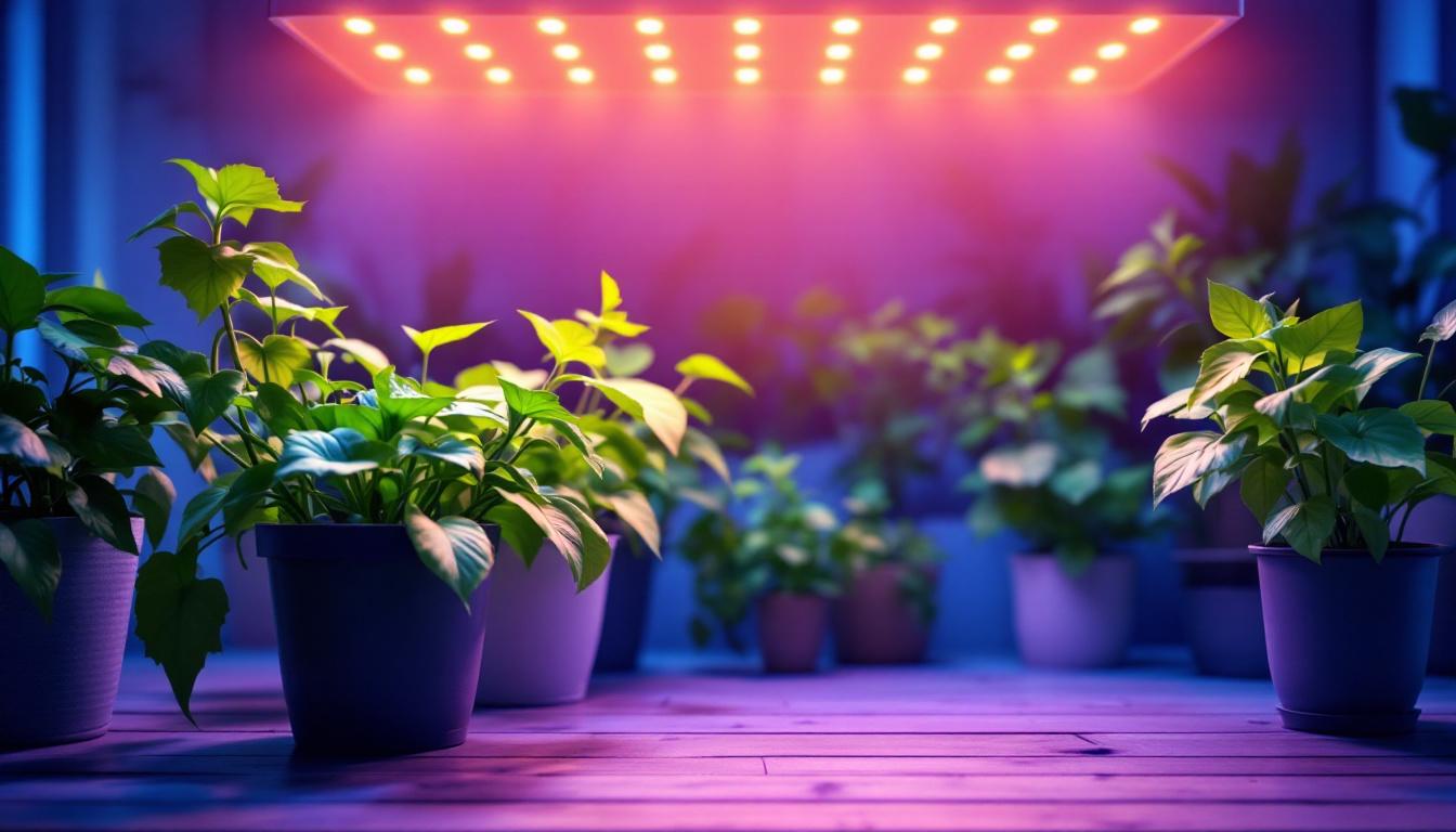 A photograph of a modern indoor gardening setup featuring vibrant plants illuminated by a high-quality led plant growth light
