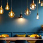 A photograph of a stylish interior space featuring a variety of chain pendant lights in different designs and settings