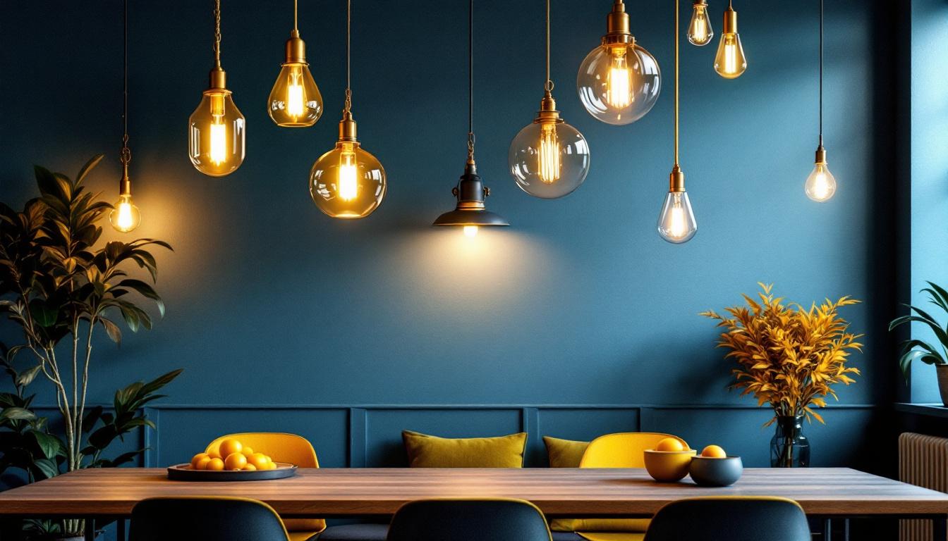 A photograph of a stylish interior space featuring a variety of chain pendant lights in different designs and settings