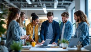 A photograph of a diverse group of team members engaged in a hands-on training session