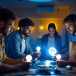 A photograph of a diverse team of professionals engaged in a hands-on lighting training session