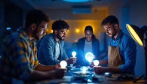 A photograph of a diverse team of professionals engaged in a hands-on lighting training session