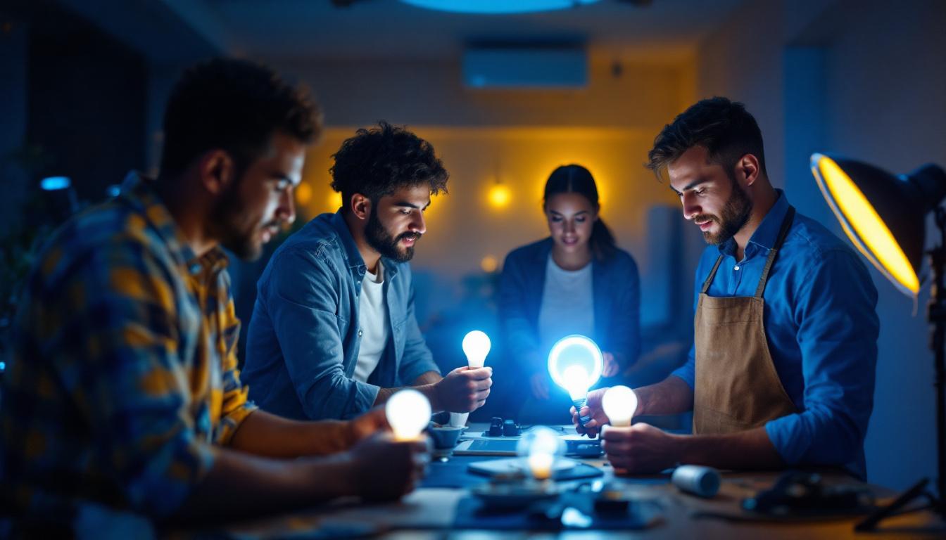 A photograph of a diverse team of professionals engaged in a hands-on lighting training session