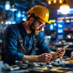 A photograph of a lighting contractor in a well-lit workspace