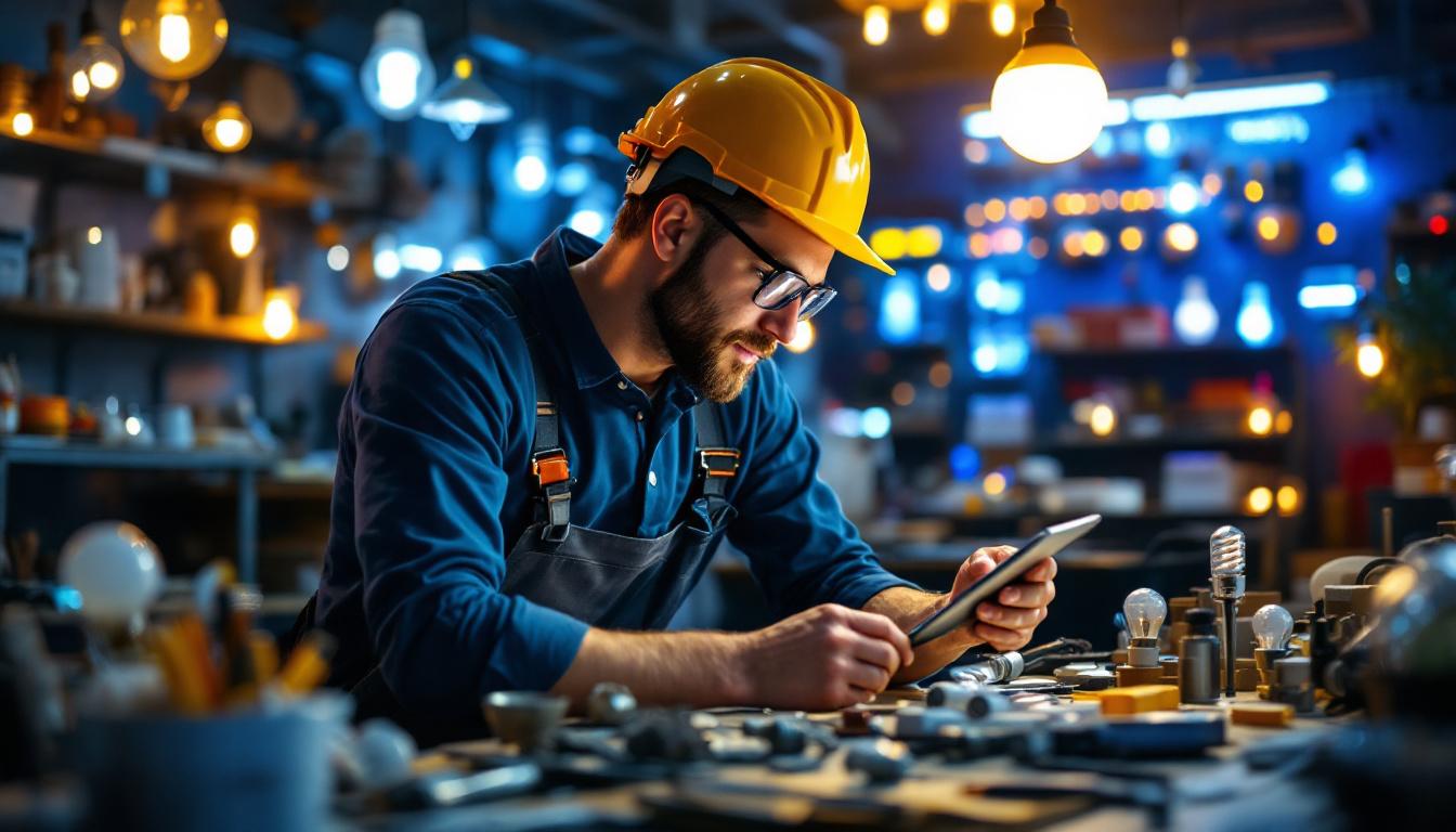 A photograph of a lighting contractor in a well-lit workspace