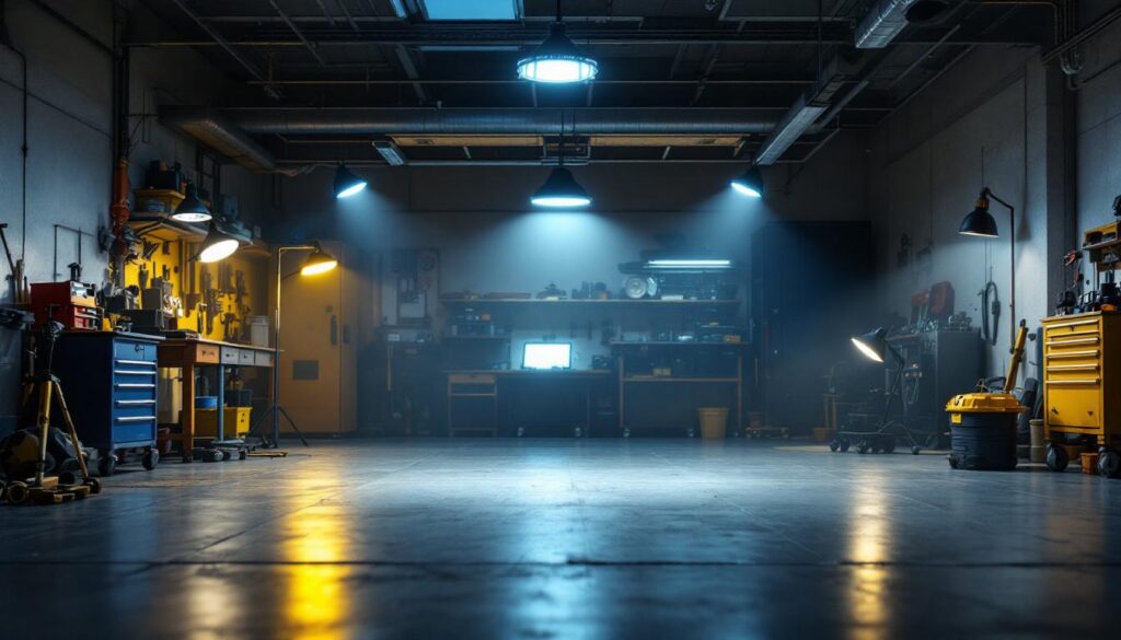 A photograph of a well-lit garage showcasing various types of shop lights in use