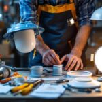 A photograph of a well-organized workspace featuring various ceiling lamp parts