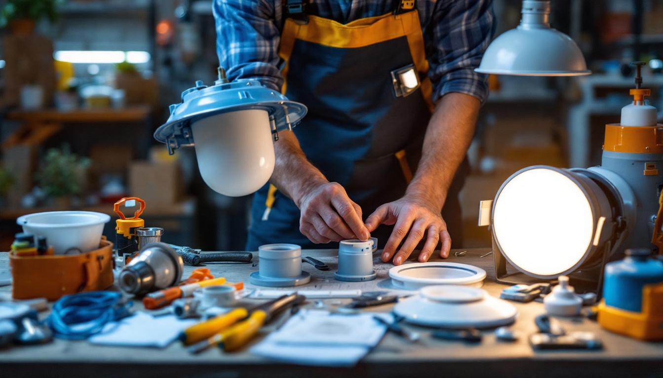 A photograph of a well-organized workspace featuring various ceiling lamp parts