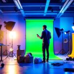 A photograph of a well-lit workspace featuring a professional lighting contractor setting up a green screen