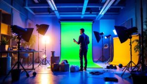 A photograph of a well-lit workspace featuring a professional lighting contractor setting up a green screen