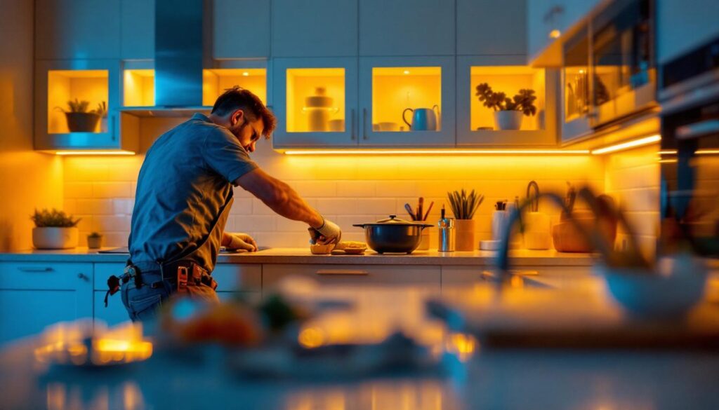 A photograph of a beautifully designed kitchen featuring under-cabinet led lighting