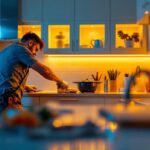 A photograph of a beautifully designed kitchen featuring under-cabinet led lighting