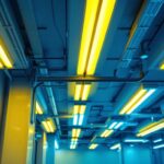 A photograph of a well-lit interior space showcasing various types of fluorescent lights in action