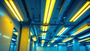 A photograph of a well-lit interior space showcasing various types of fluorescent lights in action