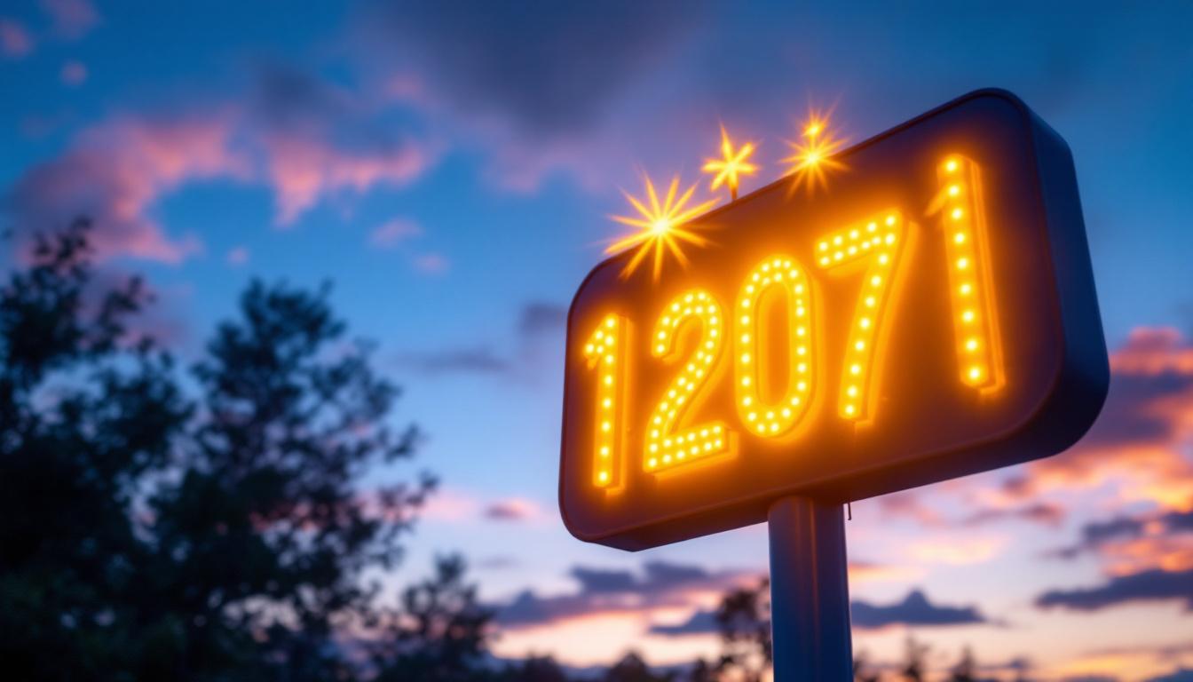 A photograph of a vibrant solar sign illuminated at dusk
