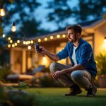 A photograph of a lighting contractor installing solar stick-on lights in a residential outdoor setting