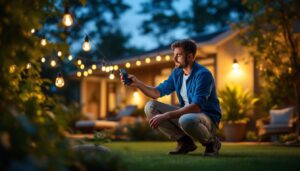 A photograph of a lighting contractor installing solar stick-on lights in a residential outdoor setting