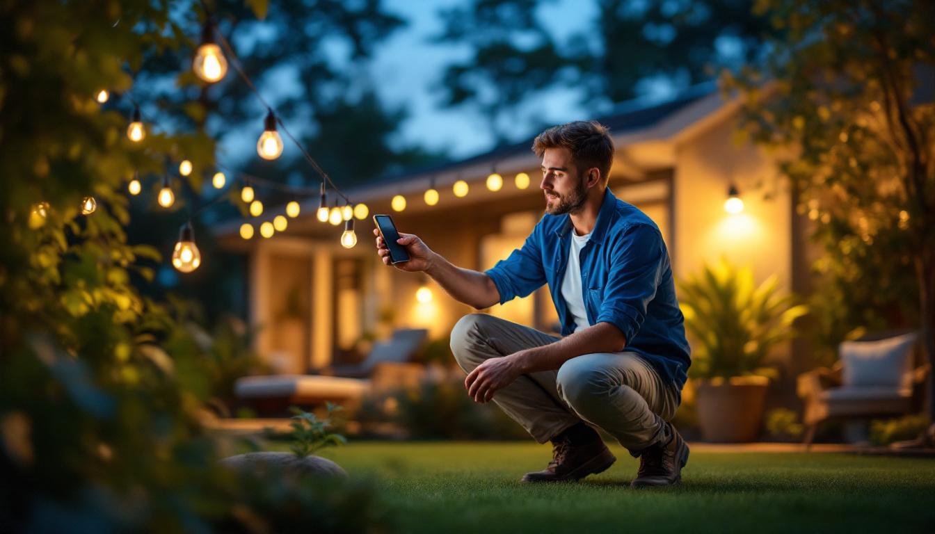A photograph of a lighting contractor installing solar stick-on lights in a residential outdoor setting