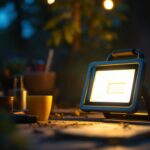 A photograph of a portable flood light illuminating an outdoor workspace at dusk
