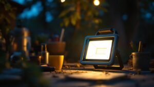 A photograph of a portable flood light illuminating an outdoor workspace at dusk