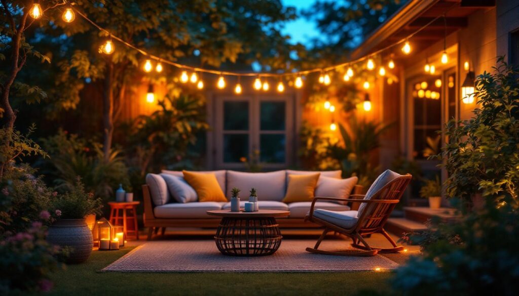 A photograph of a beautifully arranged outdoor scene featuring edison bulb solar lights illuminating a cozy patio or garden setting
