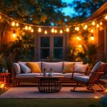 A photograph of a beautifully arranged outdoor scene featuring edison bulb solar lights illuminating a cozy patio or garden setting