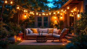 A photograph of a beautifully arranged outdoor scene featuring edison bulb solar lights illuminating a cozy patio or garden setting