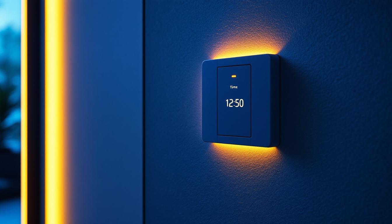 A photograph of a modern electric switch with a built-in timer installed on a stylish wall