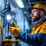 A photograph of a lighting contractor examining and replacing a ballast in a commercial lighting fixture