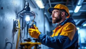 A photograph of a lighting contractor examining and replacing a ballast in a commercial lighting fixture