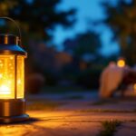 A photograph of a beautifully designed solar-powered outdoor lantern illuminating a serene garden or patio setting at dusk