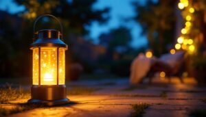 A photograph of a beautifully designed solar-powered outdoor lantern illuminating a serene garden or patio setting at dusk