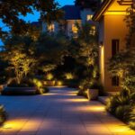 A photograph of a beautifully illuminated outdoor space featuring strategically placed spotlights highlighting key architectural elements and landscaping