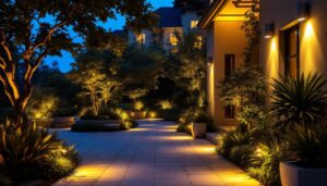 A photograph of a beautifully illuminated outdoor space featuring strategically placed spotlights highlighting key architectural elements and landscaping