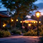 A photograph of a stylish outdoor lamp in a beautifully landscaped setting during twilight