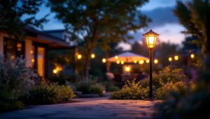 A photograph of a stylish outdoor lamp in a beautifully landscaped setting during twilight