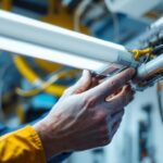 A photograph of a skilled electrician or lighting contractor installing a fluorescent light ballast