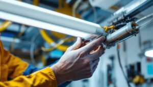 A photograph of a skilled electrician or lighting contractor installing a fluorescent light ballast