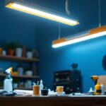 A photograph of a well-lit workspace featuring an 18-inch fluorescent light fixture installed above a contractor's work area