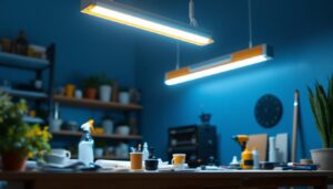 A photograph of a well-lit workspace featuring an 18-inch fluorescent light fixture installed above a contractor's work area