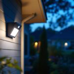 A photograph of a lighting contractor installing a motion-sensitive outdoor light in a residential setting
