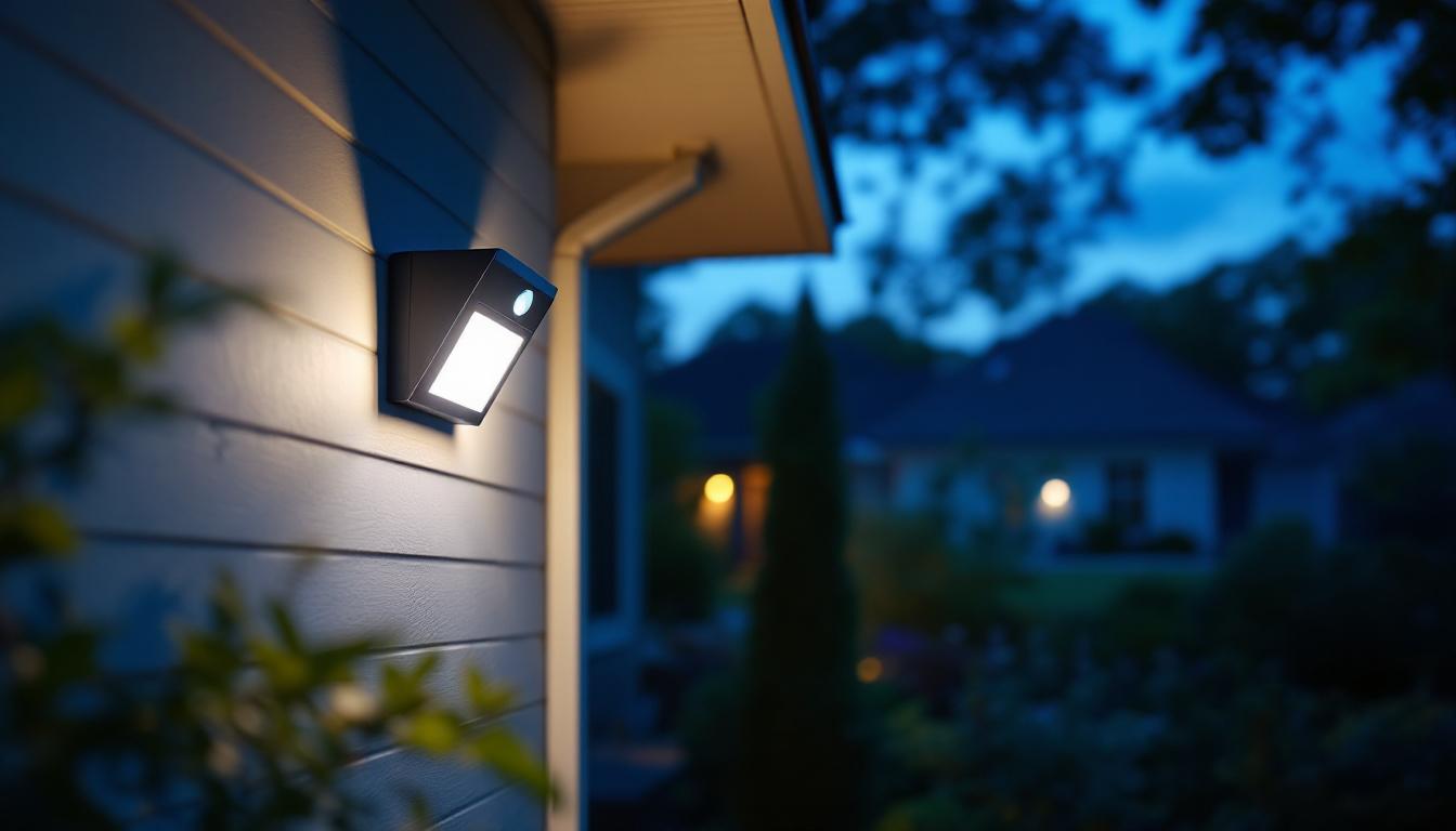 A photograph of a lighting contractor installing a motion-sensitive outdoor light in a residential setting