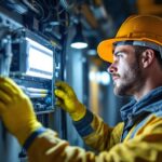 A photograph of a lighting contractor working on installing or replacing an electrical ballast in a commercial or residential setting