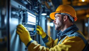A photograph of a lighting contractor working on installing or replacing an electrical ballast in a commercial or residential setting